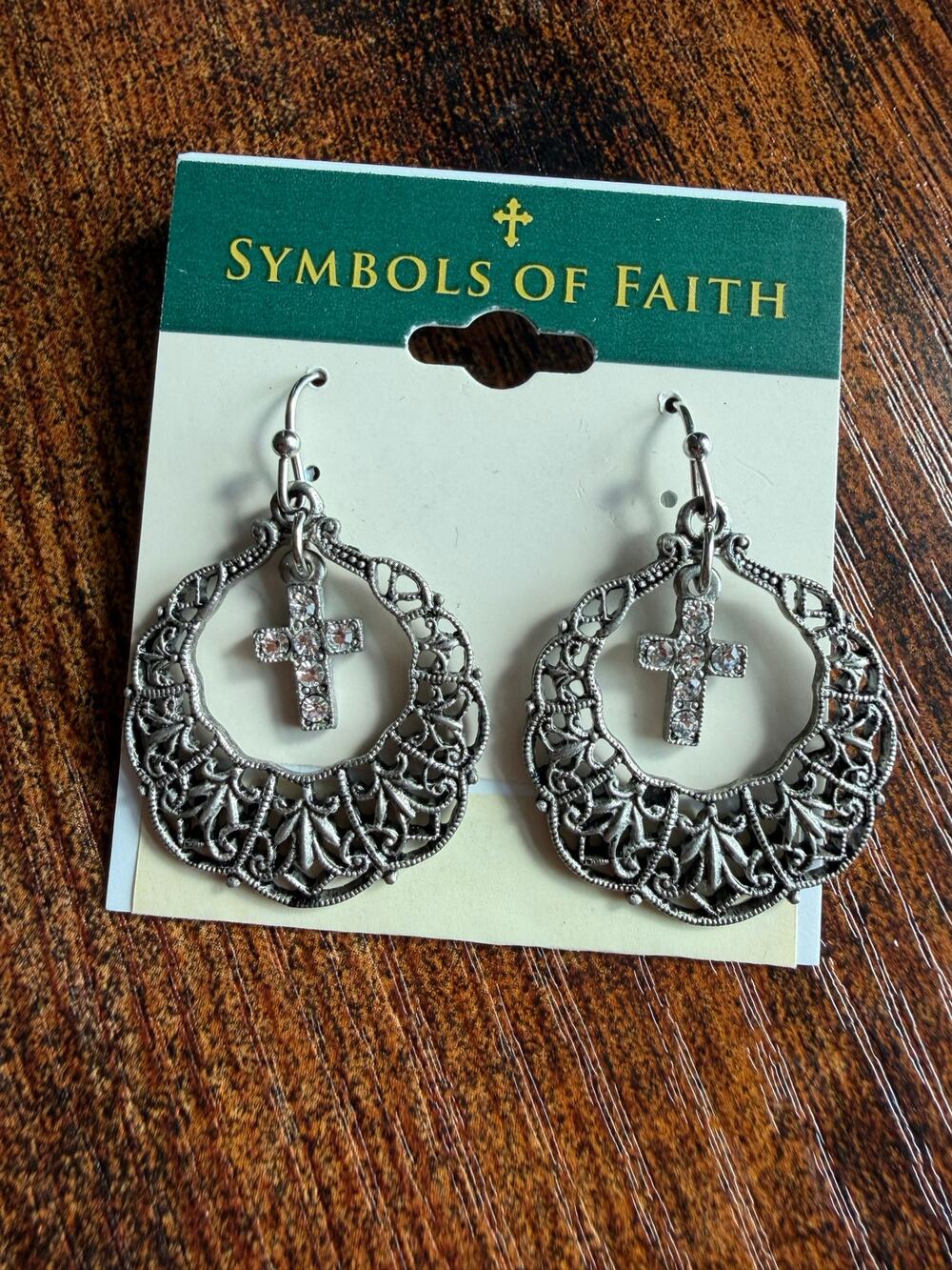 Symbols of Faith Pewter Hoop Crystal Cross Drop Earrings